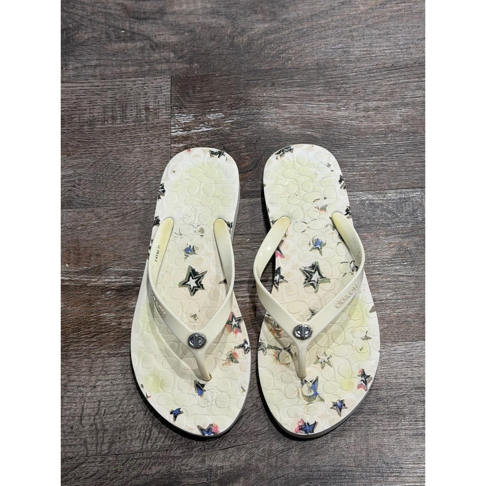 Coach Womens Star Print Flip Flop Sandals Ivory Signature Logo Thong Slides 9/10